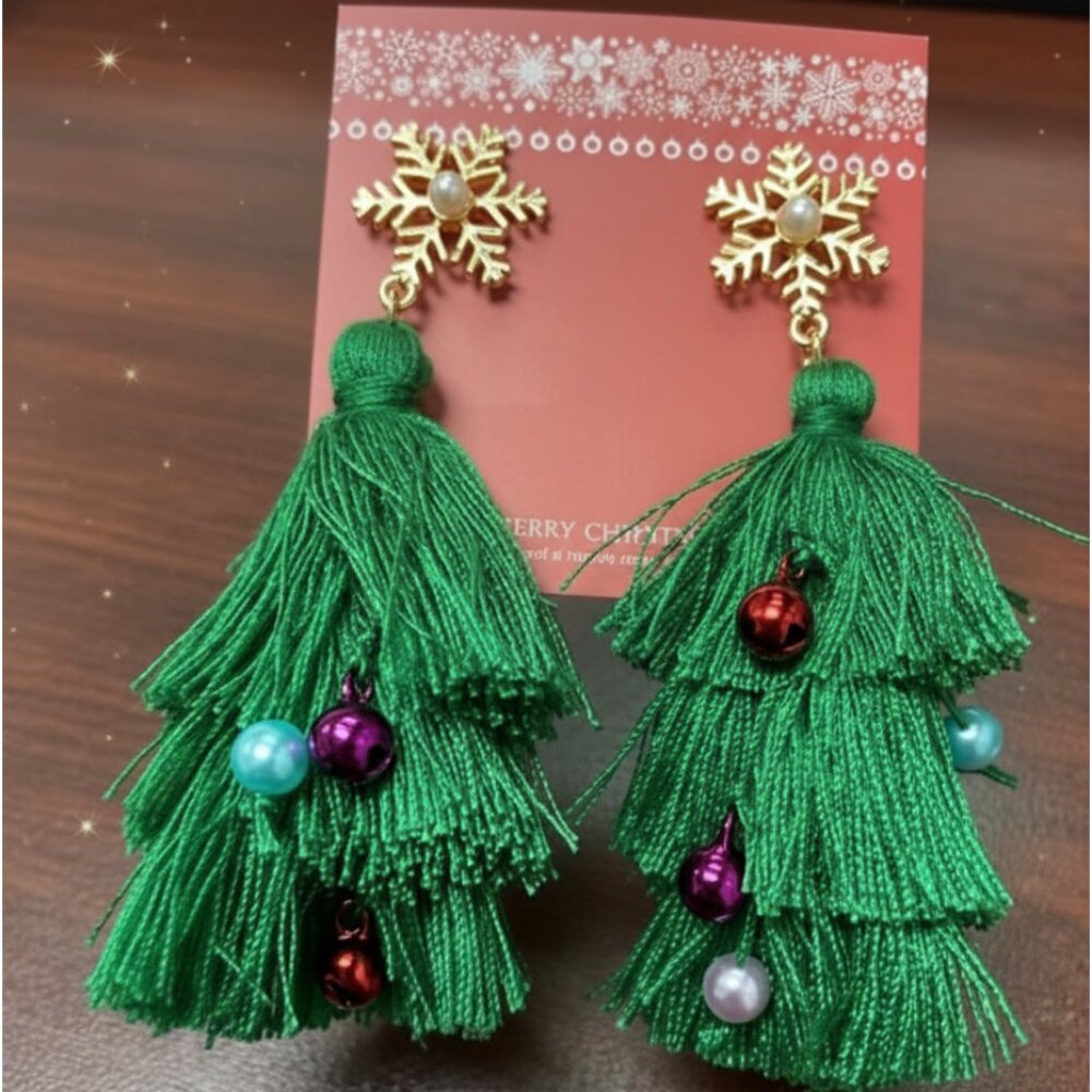 Christmas Tree Earrings Dangle Drop Dangling Tassel Holiday Ladies Boho Jewelry - Picture 2 of 6
